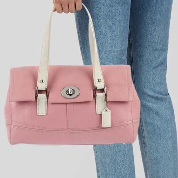 Coach Pink Colorblock Satchel Pebble Leather Double Handle Handbag Purse UNIQUE - Picture 6 of 6